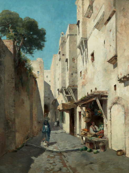 Émile Regnault de Maulmain, Marchand de fruits dans une ruelle aux remparts